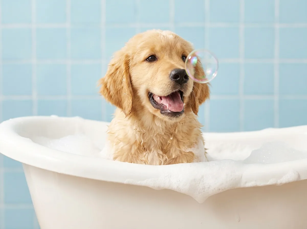 Golden retriever puppy in a sudsy bubble bath