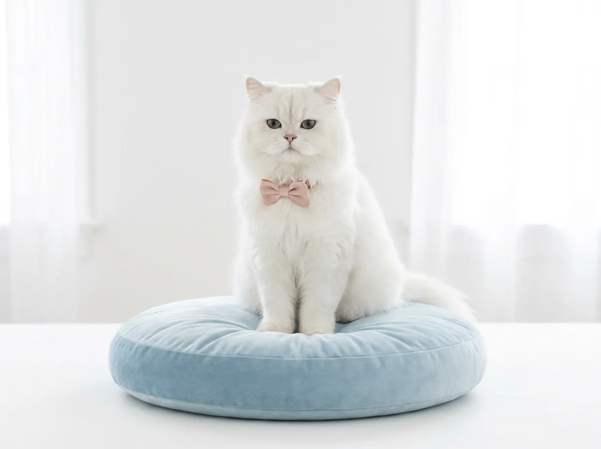 Freshly groomed white persian cat with a pink bow