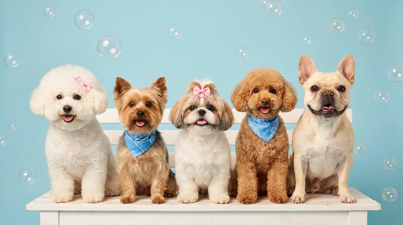 Five groomed dogs in a row