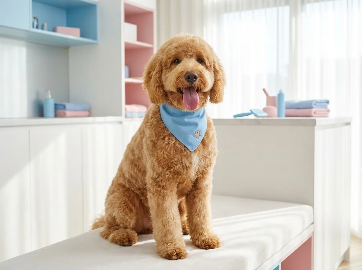 Happy goldendoodle in a sky blue bandana