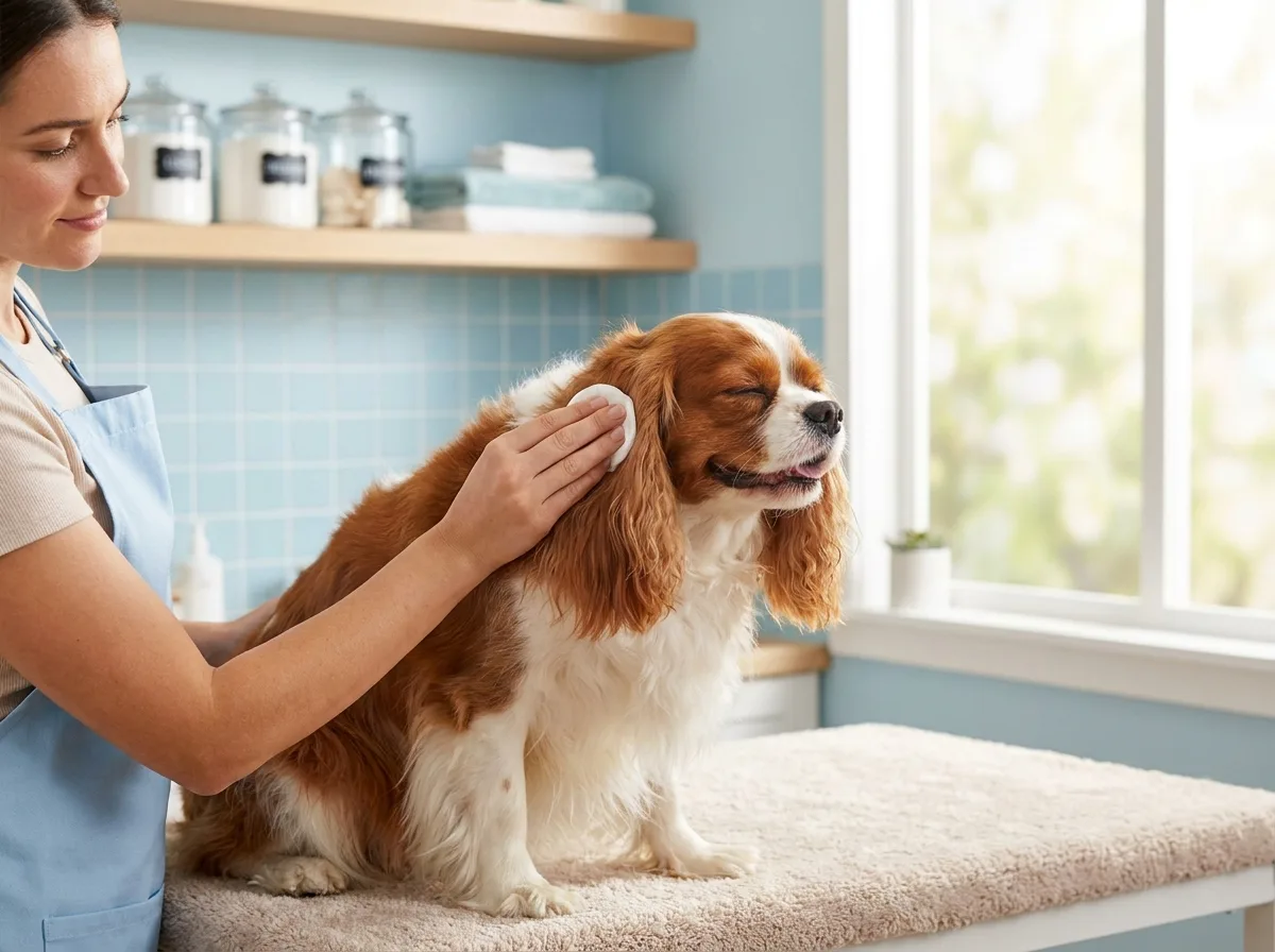 Calm cavalier spaniel getting its ears cleaned