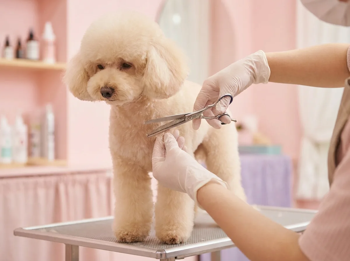 Groomer carefully scissor-trimming a toy poodle