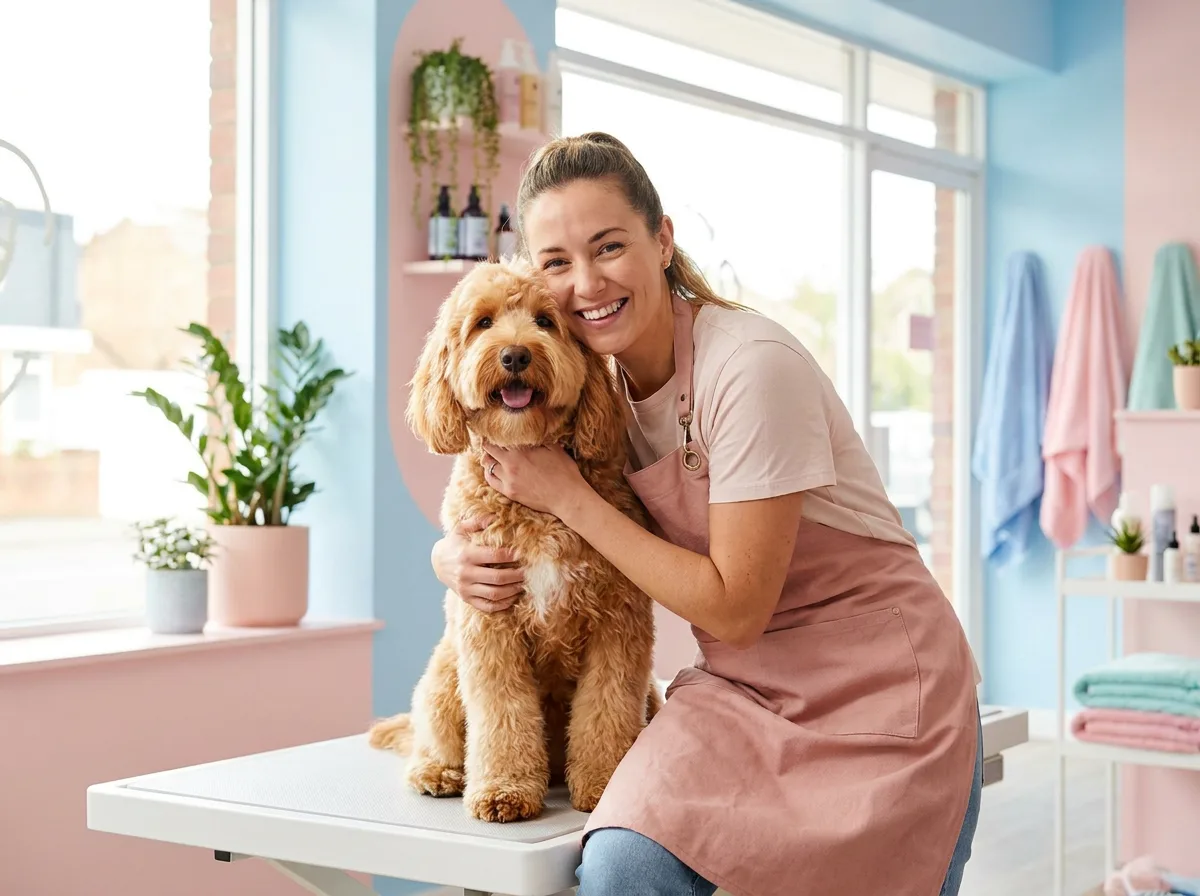 Groomer in a pink apron hugging a happy goldendoodle
