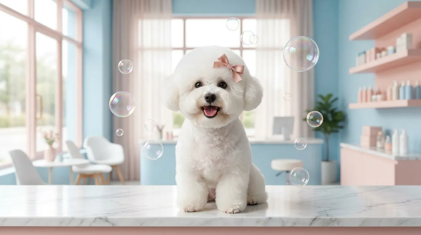 Fluffy white bichon frise with a blush pink bow, surrounded by soap bubbles after grooming