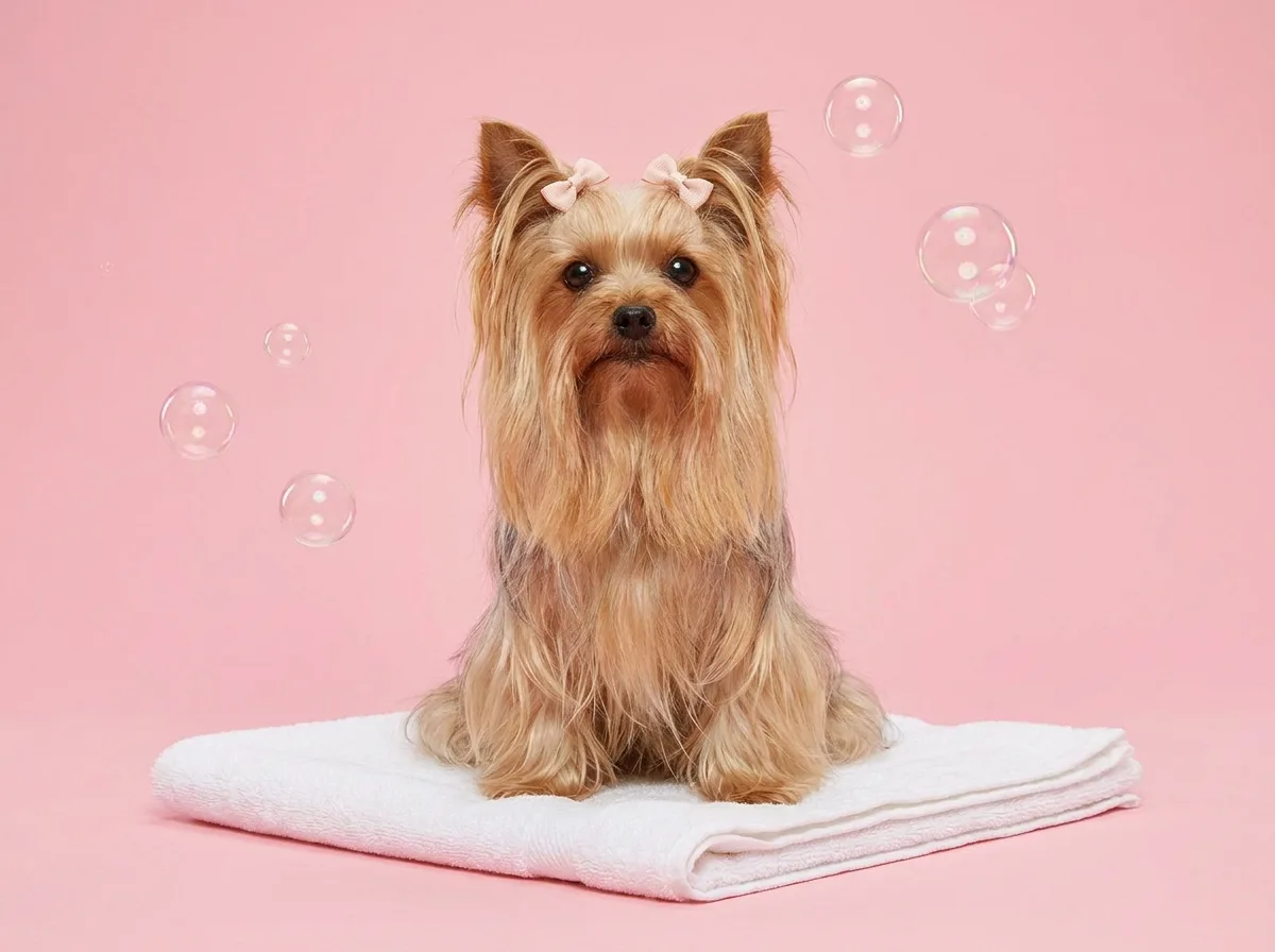Yorkshire terrier wearing two pink bows